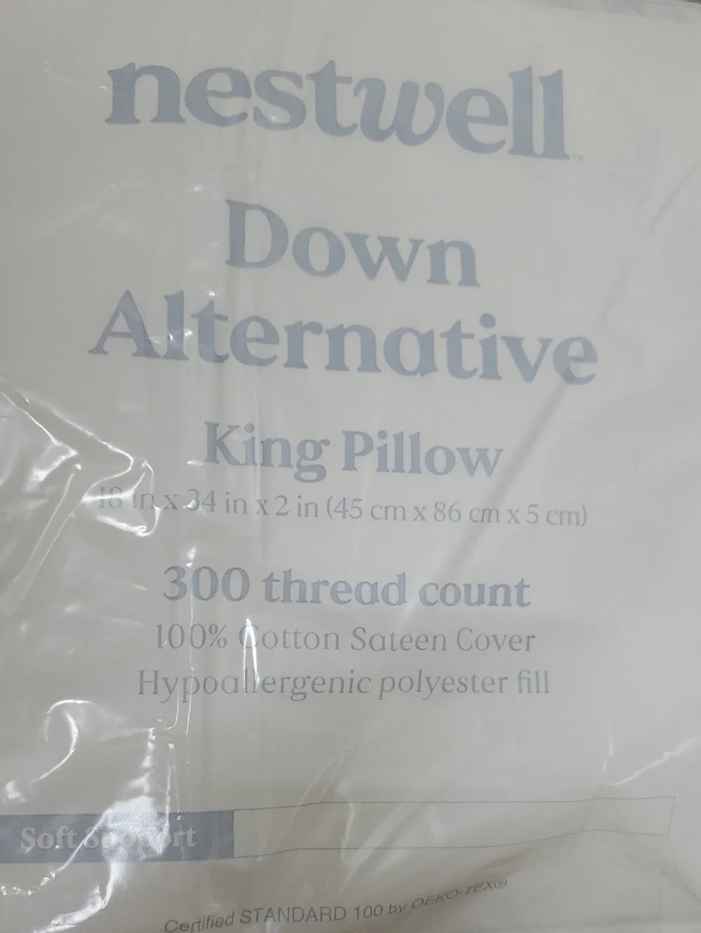 New Nestwell White Down Alternative King Soft Support 1 Pillow.